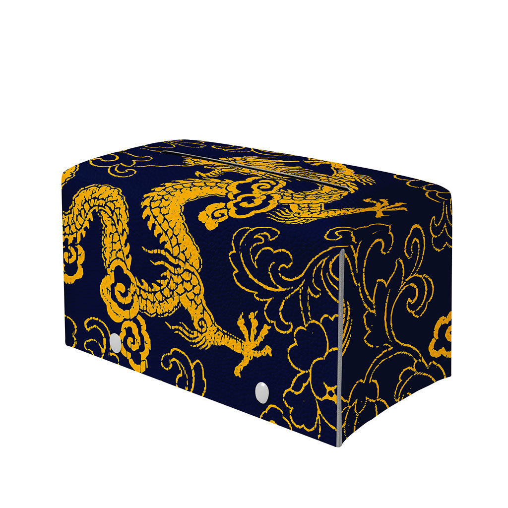 Gold Japanese Dragon Pattern Print Leather Tissue Box Cover