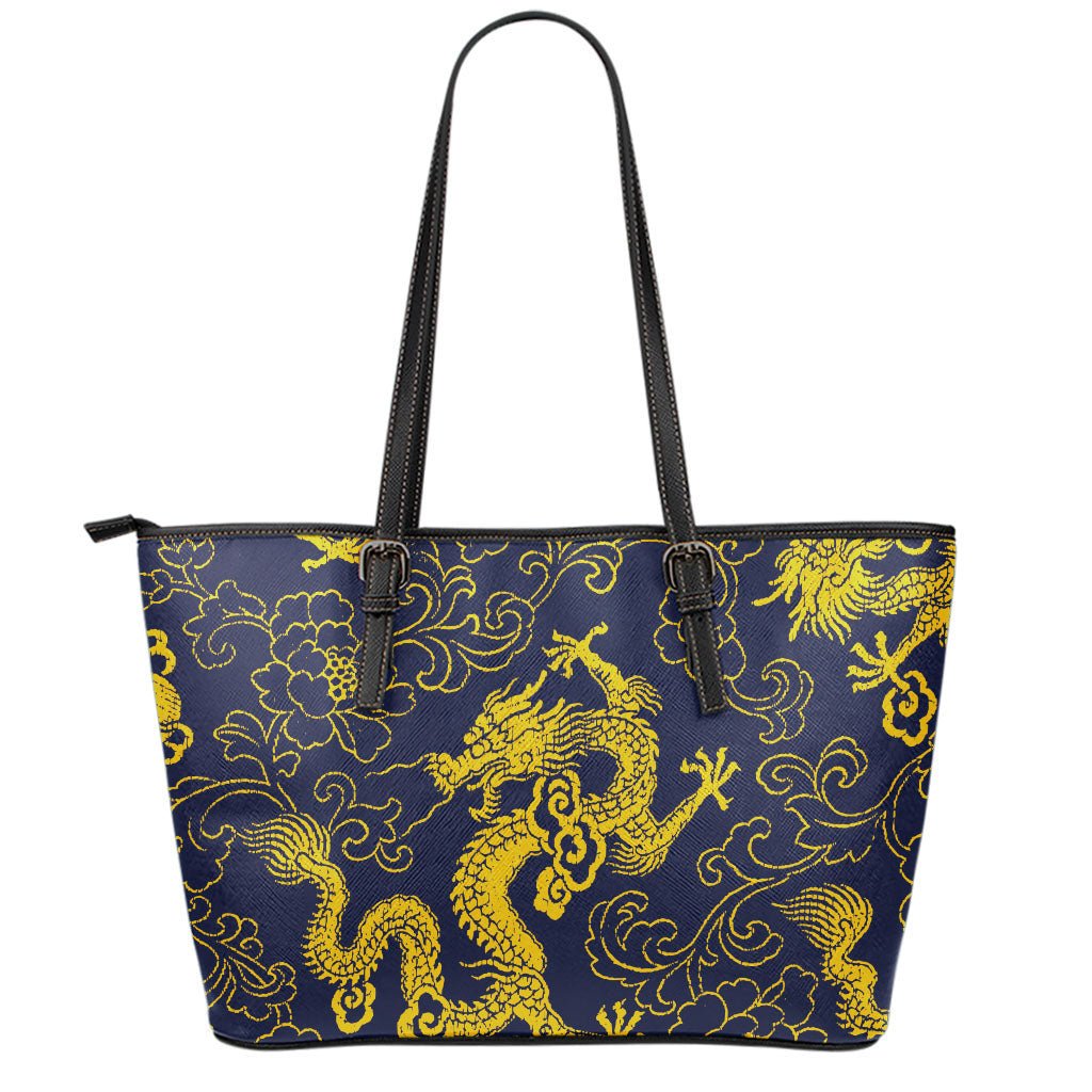 Gold Japanese Dragon Pattern Print Leather Tote Bag