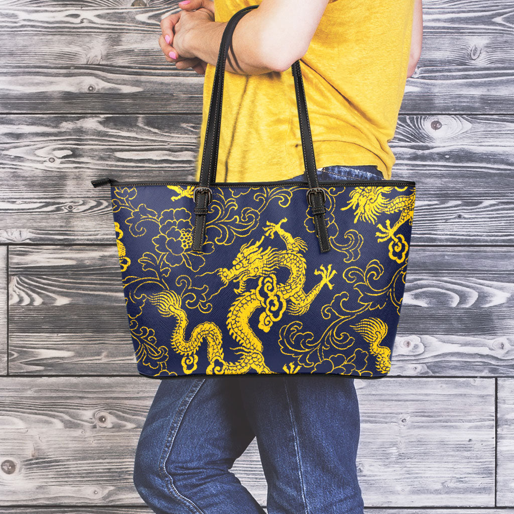 Gold Japanese Dragon Pattern Print Leather Tote Bag