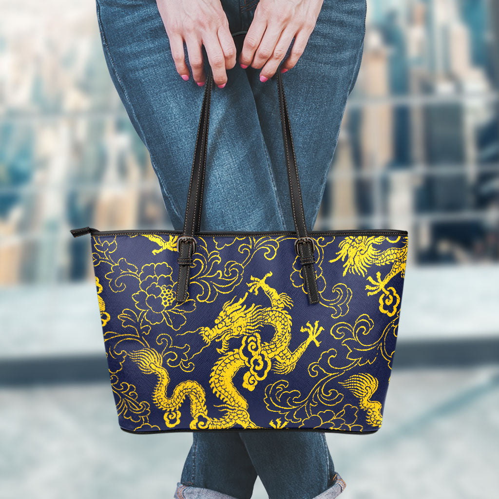 Gold Japanese Dragon Pattern Print Leather Tote Bag