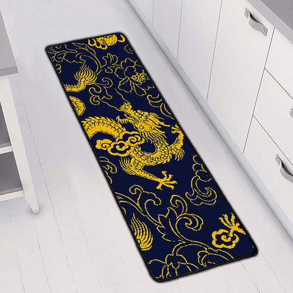 Gold Japanese Dragon Pattern Print Long Kitchen Mat