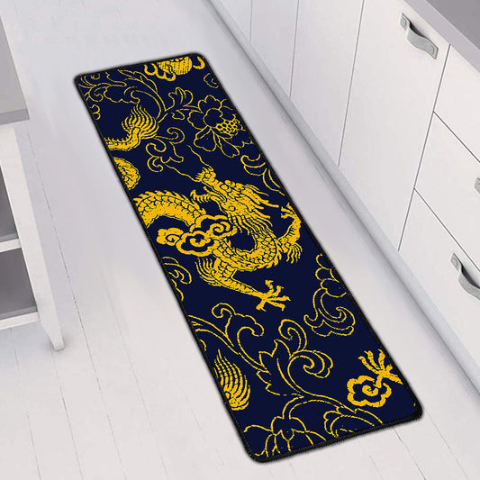 Gold Japanese Dragon Pattern Print Long Kitchen Mat