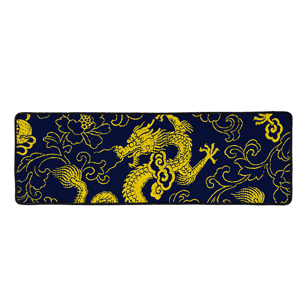 Gold Japanese Dragon Pattern Print Long Kitchen Mat