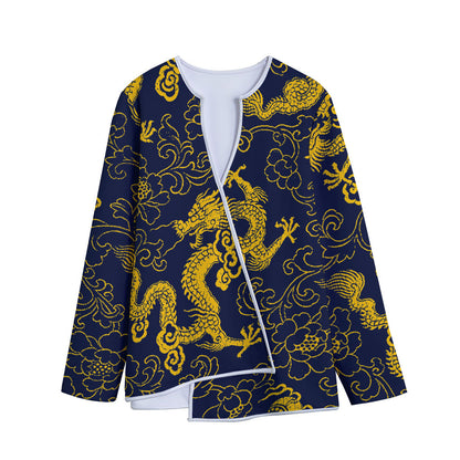 Gold Japanese Dragon Pattern Print Long Sleeve Short Coat