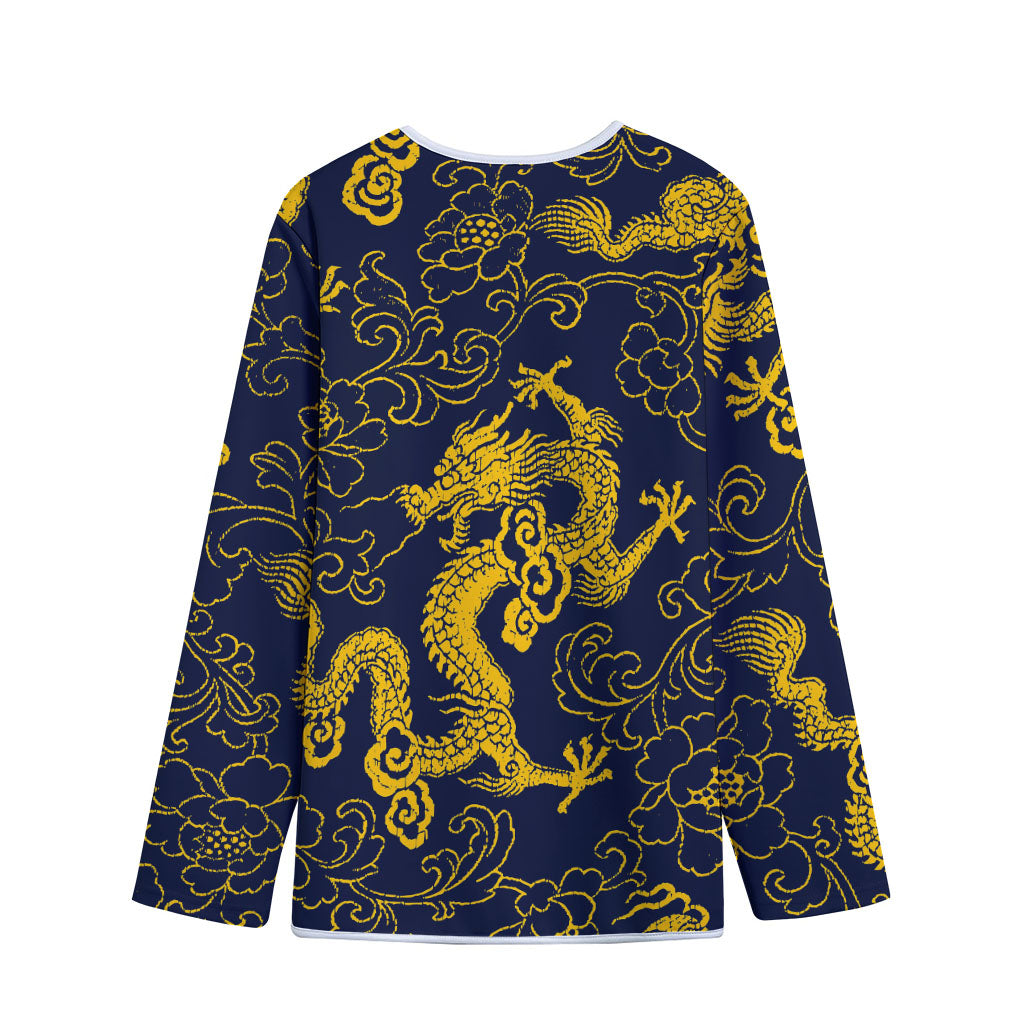 Gold Japanese Dragon Pattern Print Long Sleeve Short Coat