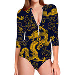 Gold Japanese Dragon Pattern Print Long Sleeve Swimsuit