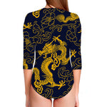Gold Japanese Dragon Pattern Print Long Sleeve Swimsuit