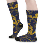 Gold Japanese Dragon Pattern Print Long Socks