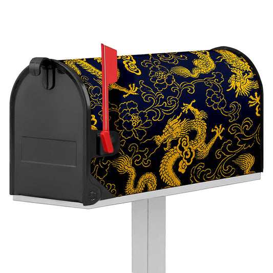 Gold Japanese Dragon Pattern Print Mailbox Cover