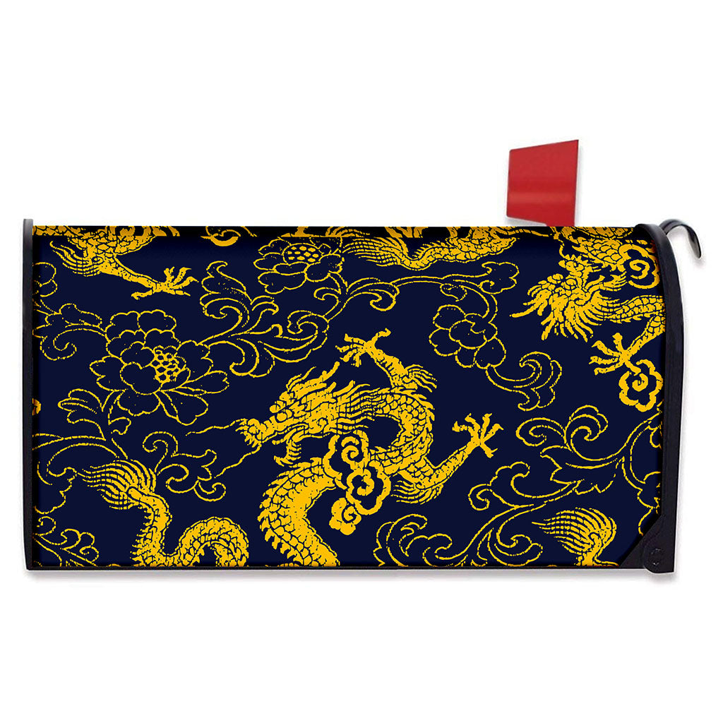Gold Japanese Dragon Pattern Print Mailbox Cover