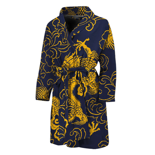 Gold Japanese Dragon Pattern Print Men's Bathrobe