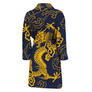 Gold Japanese Dragon Pattern Print Men's Bathrobe