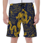 Gold Japanese Dragon Pattern Print Men's Beach Shorts