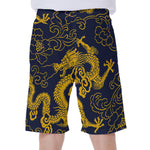 Gold Japanese Dragon Pattern Print Men's Beach Shorts