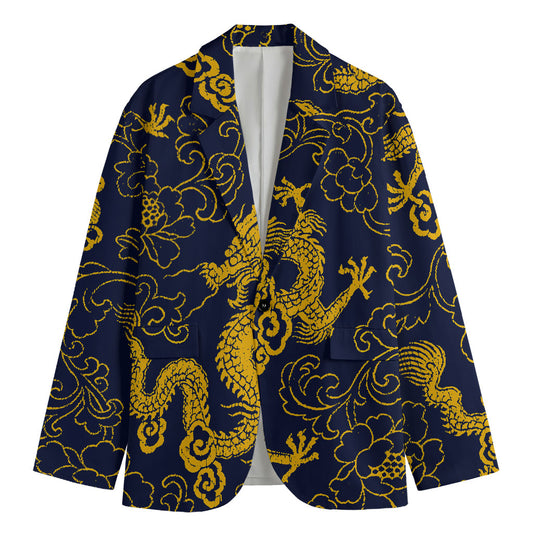 Gold Japanese Dragon Pattern Print Men's Blazer