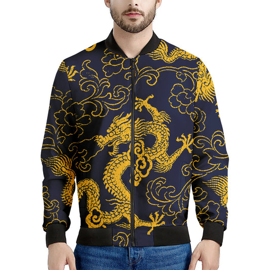 Gold Japanese Dragon Pattern Print Men's Bomber Jacket