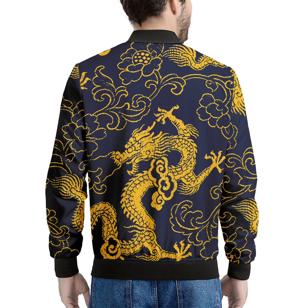 Gold Japanese Dragon Pattern Print Men's Bomber Jacket