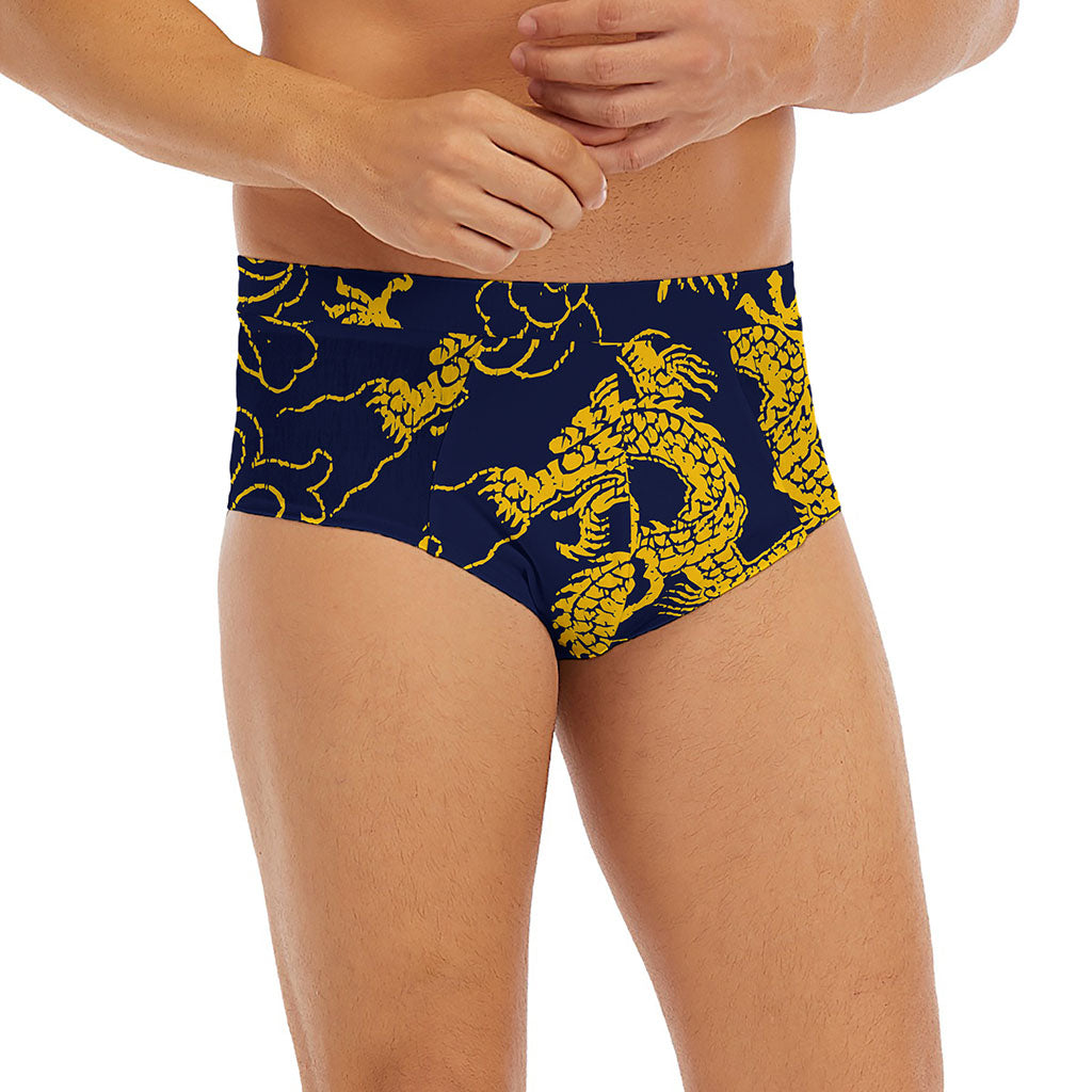 Gold Japanese Dragon Pattern Print Men's Briefs