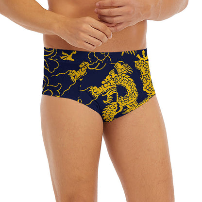 Gold Japanese Dragon Pattern Print Men's Briefs