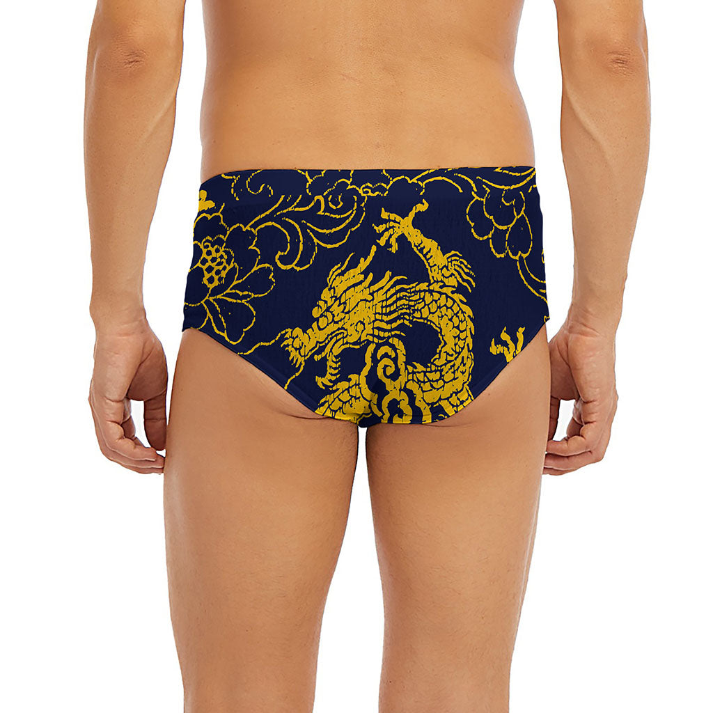 Gold Japanese Dragon Pattern Print Men's Briefs