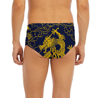 Gold Japanese Dragon Pattern Print Men's Briefs
