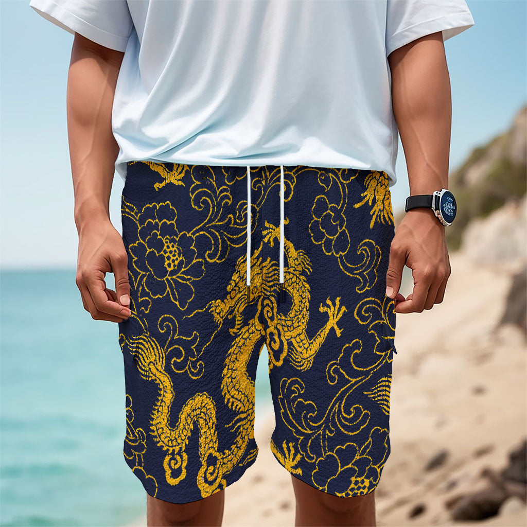 Gold Japanese Dragon Pattern Print Men's Cargo Shorts