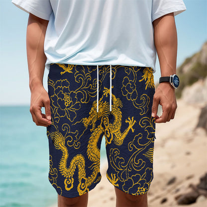 Gold Japanese Dragon Pattern Print Men's Cargo Shorts