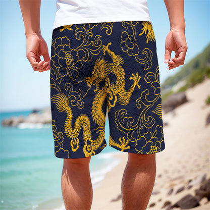 Gold Japanese Dragon Pattern Print Men's Cargo Shorts