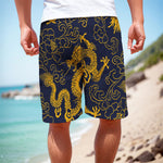 Gold Japanese Dragon Pattern Print Men's Cargo Shorts