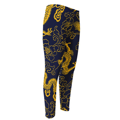 Gold Japanese Dragon Pattern Print Men's Compression Pants