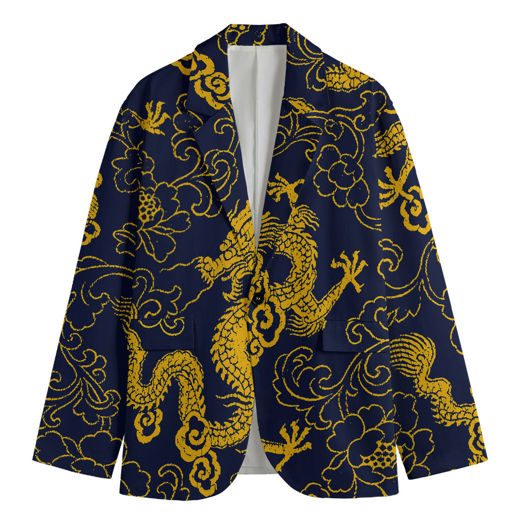 Gold Japanese Dragon Pattern Print Men's Cotton Blazer
