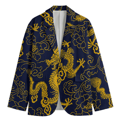Gold Japanese Dragon Pattern Print Men's Cotton Blazer