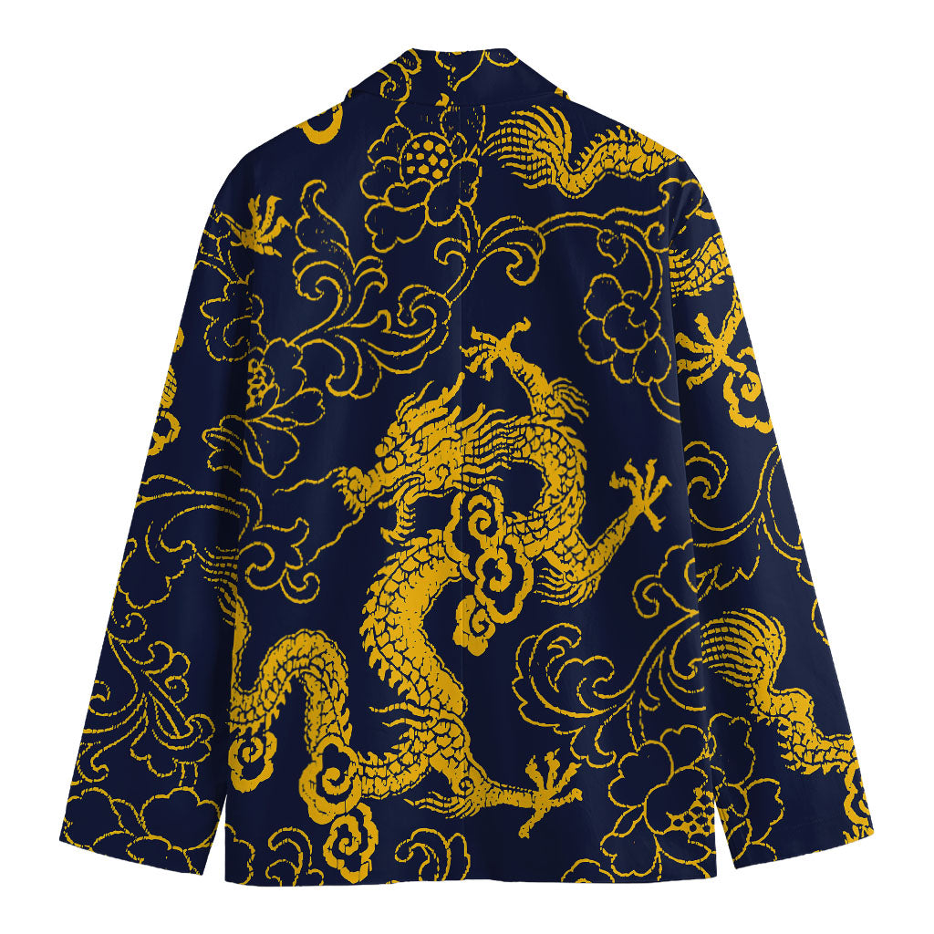 Gold Japanese Dragon Pattern Print Men's Cotton Blazer