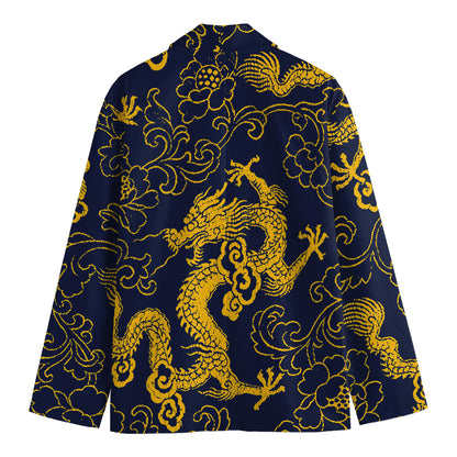 Gold Japanese Dragon Pattern Print Men's Cotton Blazer