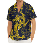 Gold Japanese Dragon Pattern Print Men's Deep V-Neck Shirt