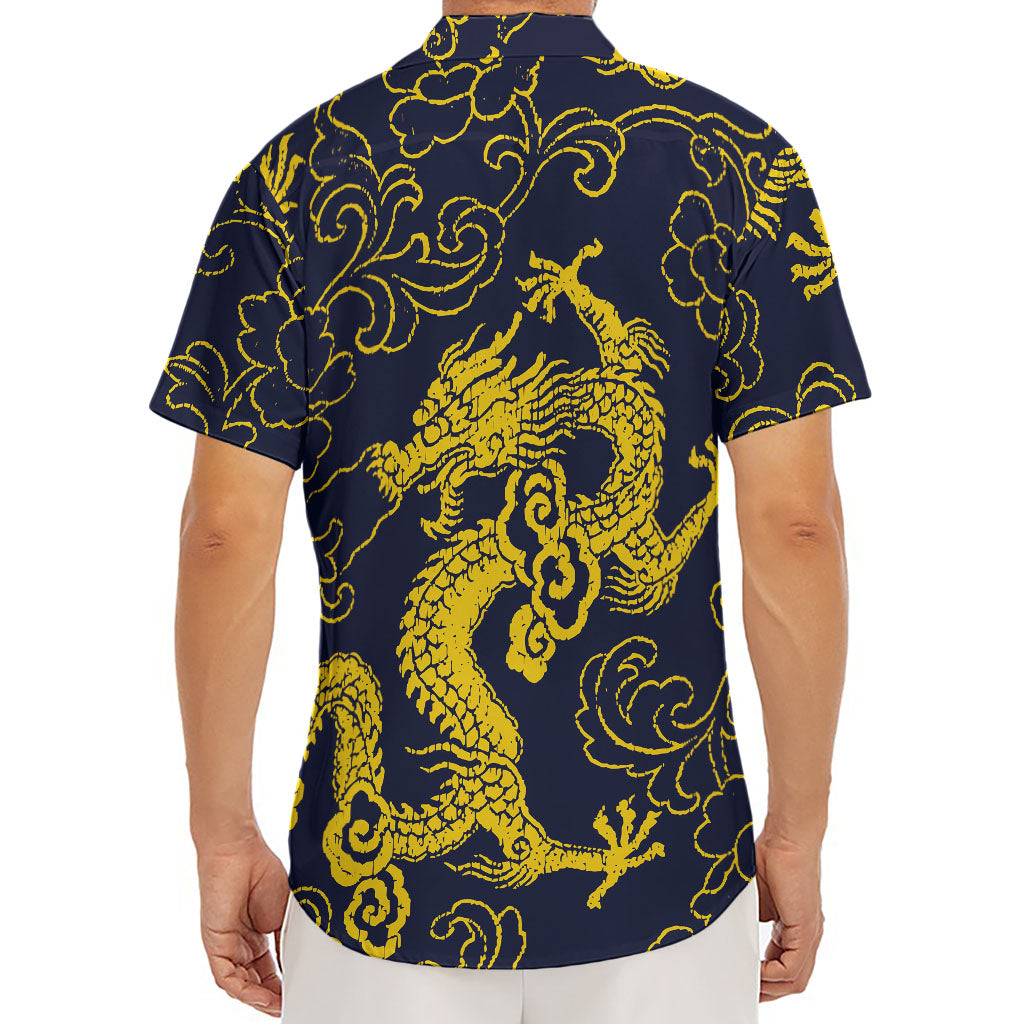 Gold Japanese Dragon Pattern Print Men's Deep V-Neck Shirt