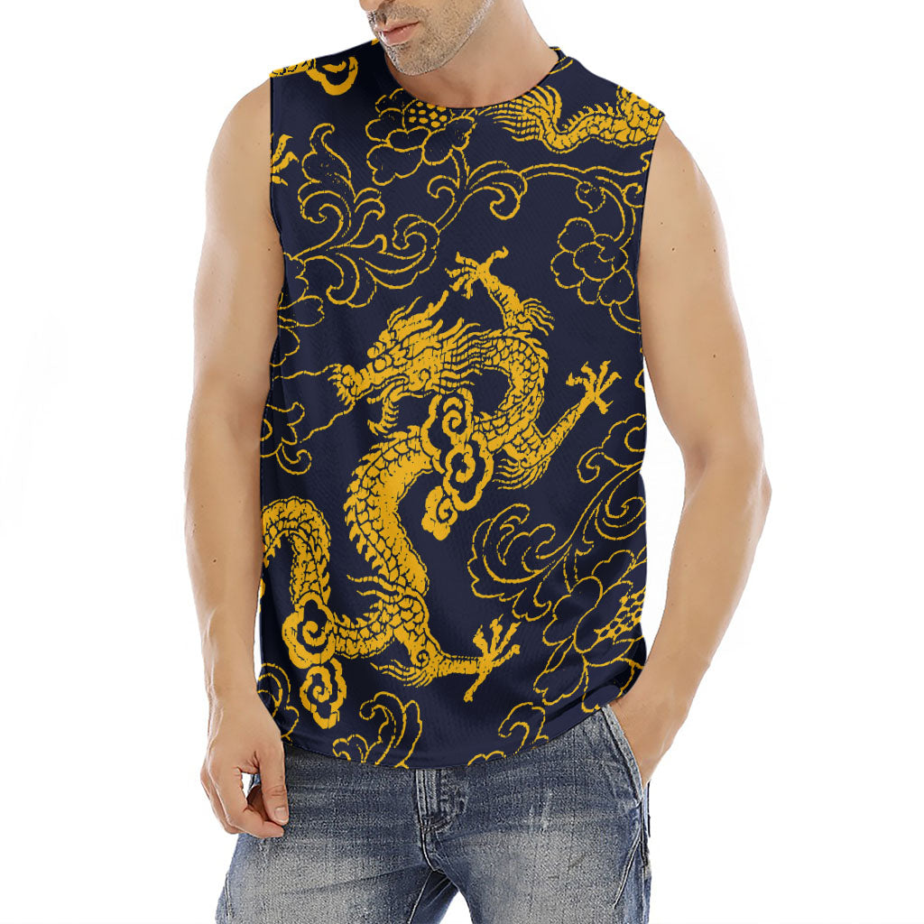 Gold Japanese Dragon Pattern Print Men's Fitness Tank Top