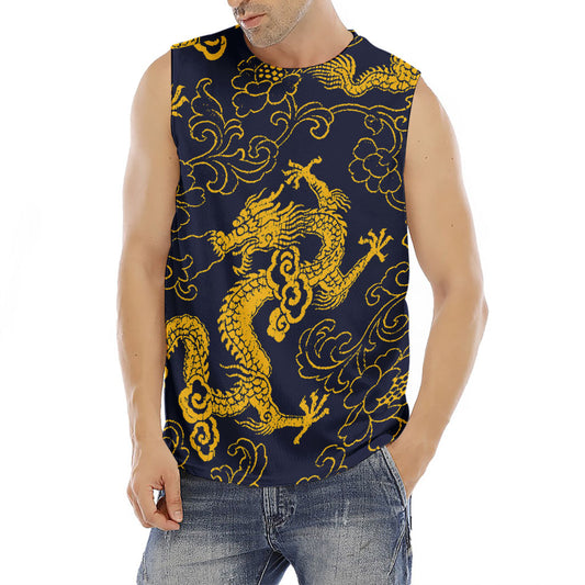Gold Japanese Dragon Pattern Print Men's Fitness Tank Top