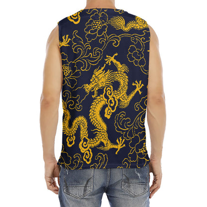 Gold Japanese Dragon Pattern Print Men's Fitness Tank Top