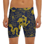 Gold Japanese Dragon Pattern Print Men's Long Boxer Briefs