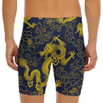 Gold Japanese Dragon Pattern Print Men's Long Boxer Briefs