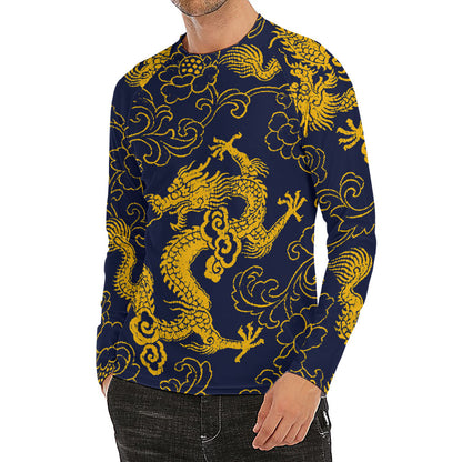 Gold Japanese Dragon Pattern Print Men's Long Sleeve Rash Guard