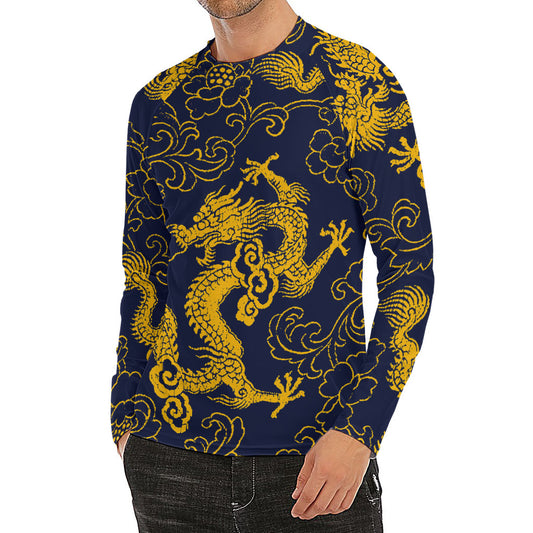 Gold Japanese Dragon Pattern Print Men's Long Sleeve Rash Guard