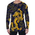 Gold Japanese Dragon Pattern Print Men's Long Sleeve T-Shirt
