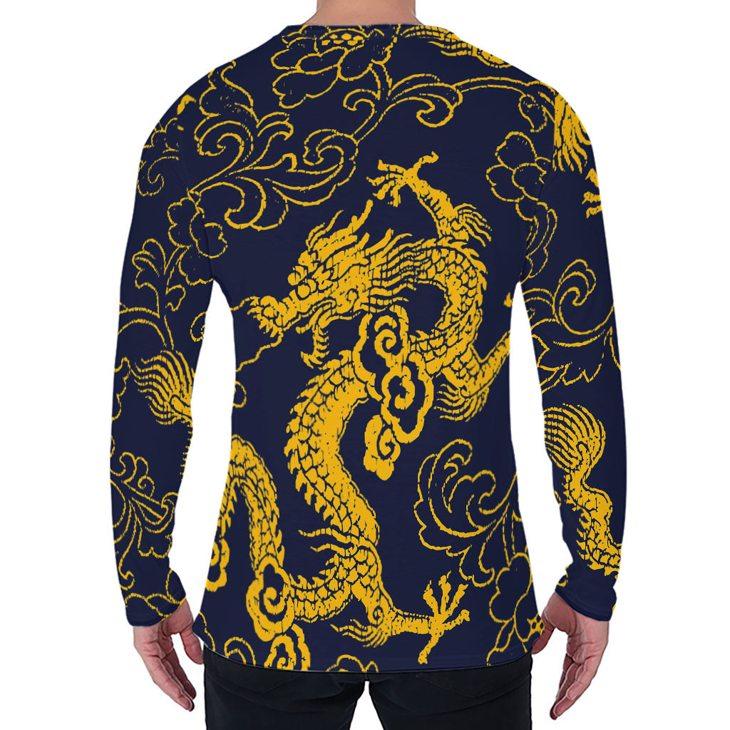 Gold Japanese Dragon Pattern Print Men's Long Sleeve T-Shirt