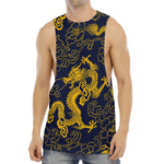 Gold Japanese Dragon Pattern Print Men's Muscle Tank Top