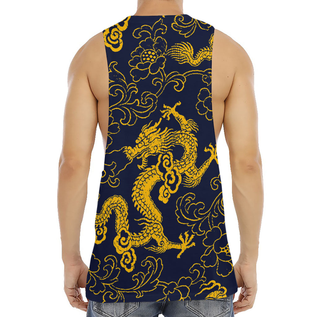 Gold Japanese Dragon Pattern Print Men's Muscle Tank Top