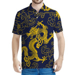 Gold Japanese Dragon Pattern Print Men's Polo Shirt