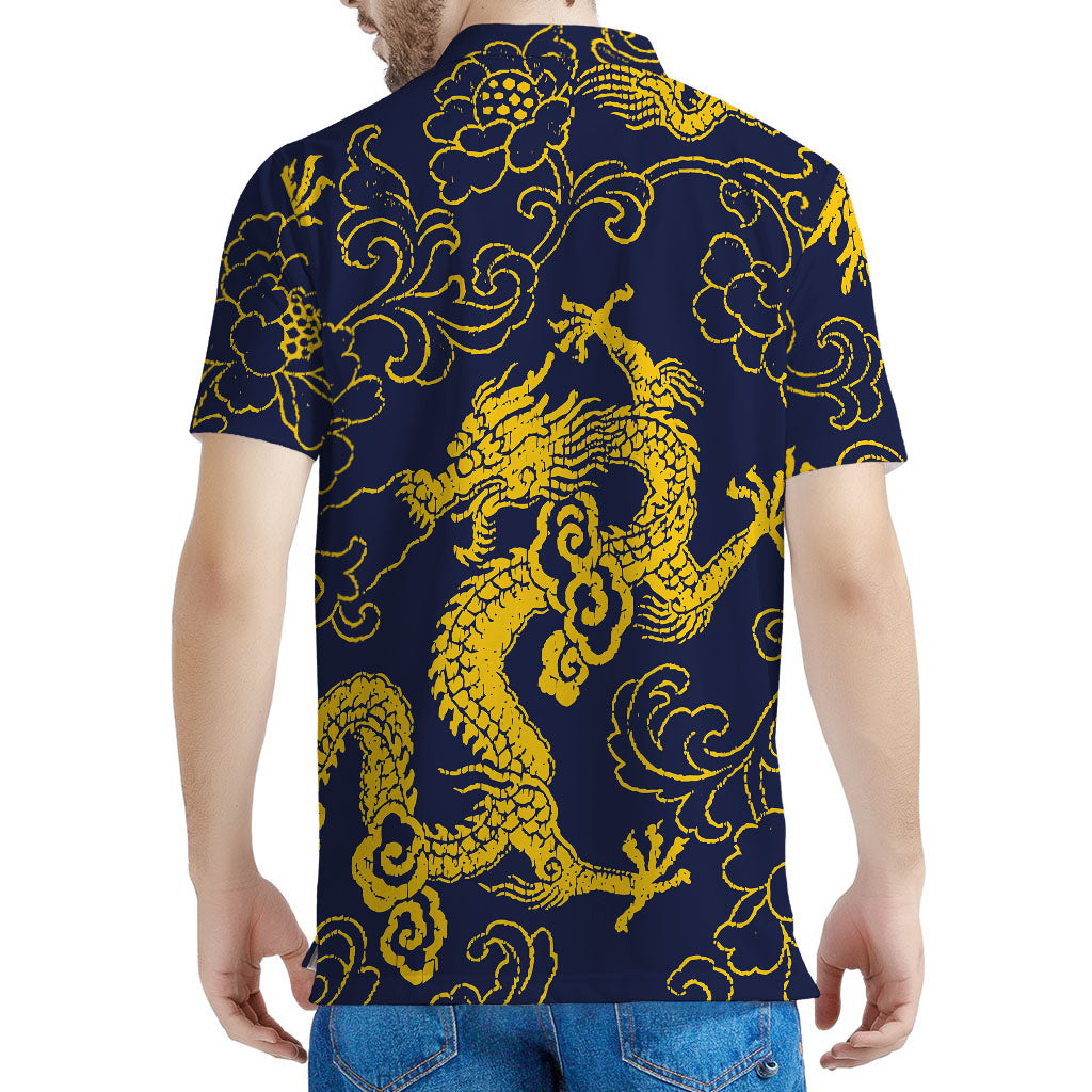 Gold Japanese Dragon Pattern Print Men's Polo Shirt