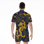 Gold Japanese Dragon Pattern Print Men's Rompers